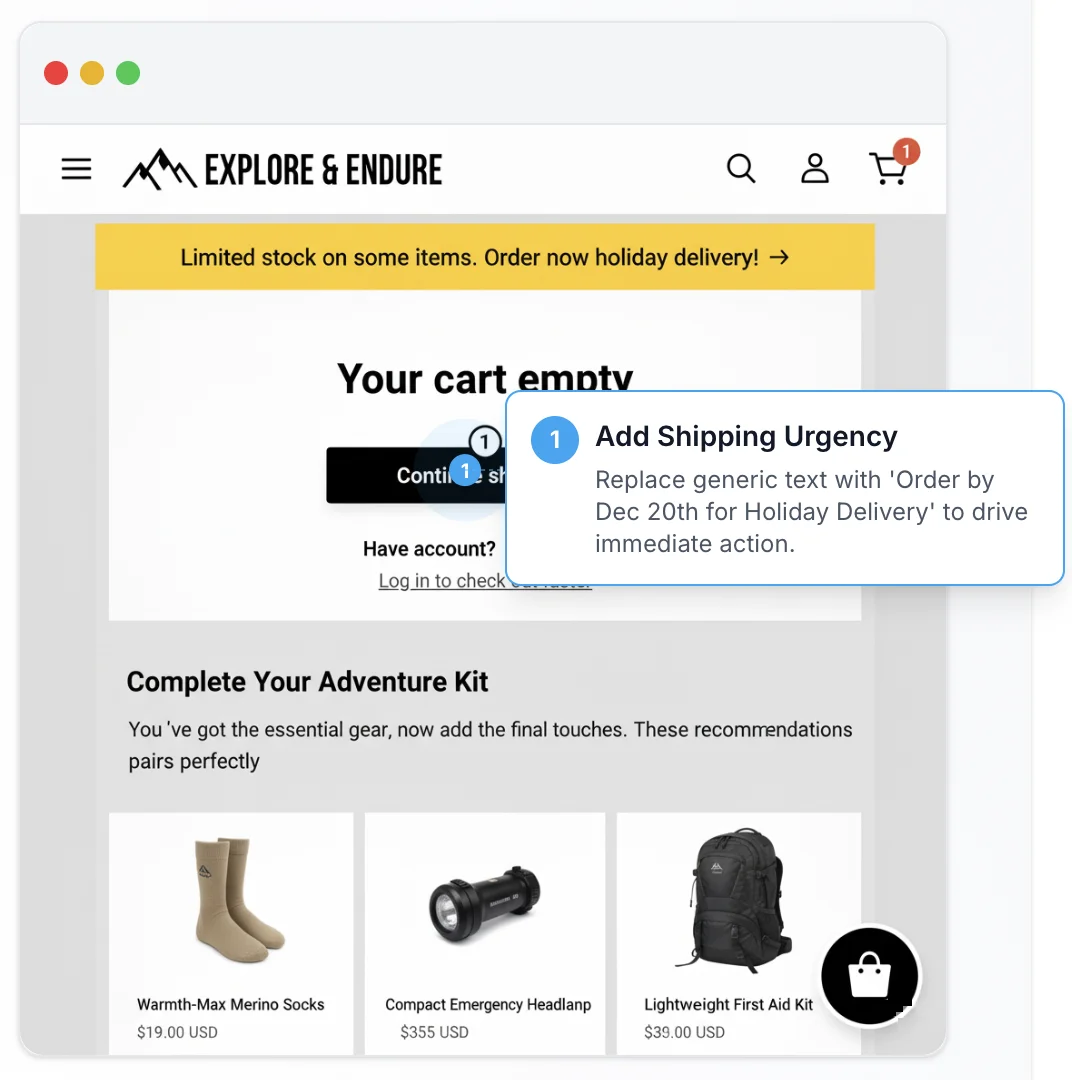 Cart page with annotation